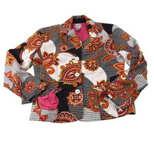 Chicos Quilted Paisley Print Blazer Jacket Women Size 0.5 Orange Black White